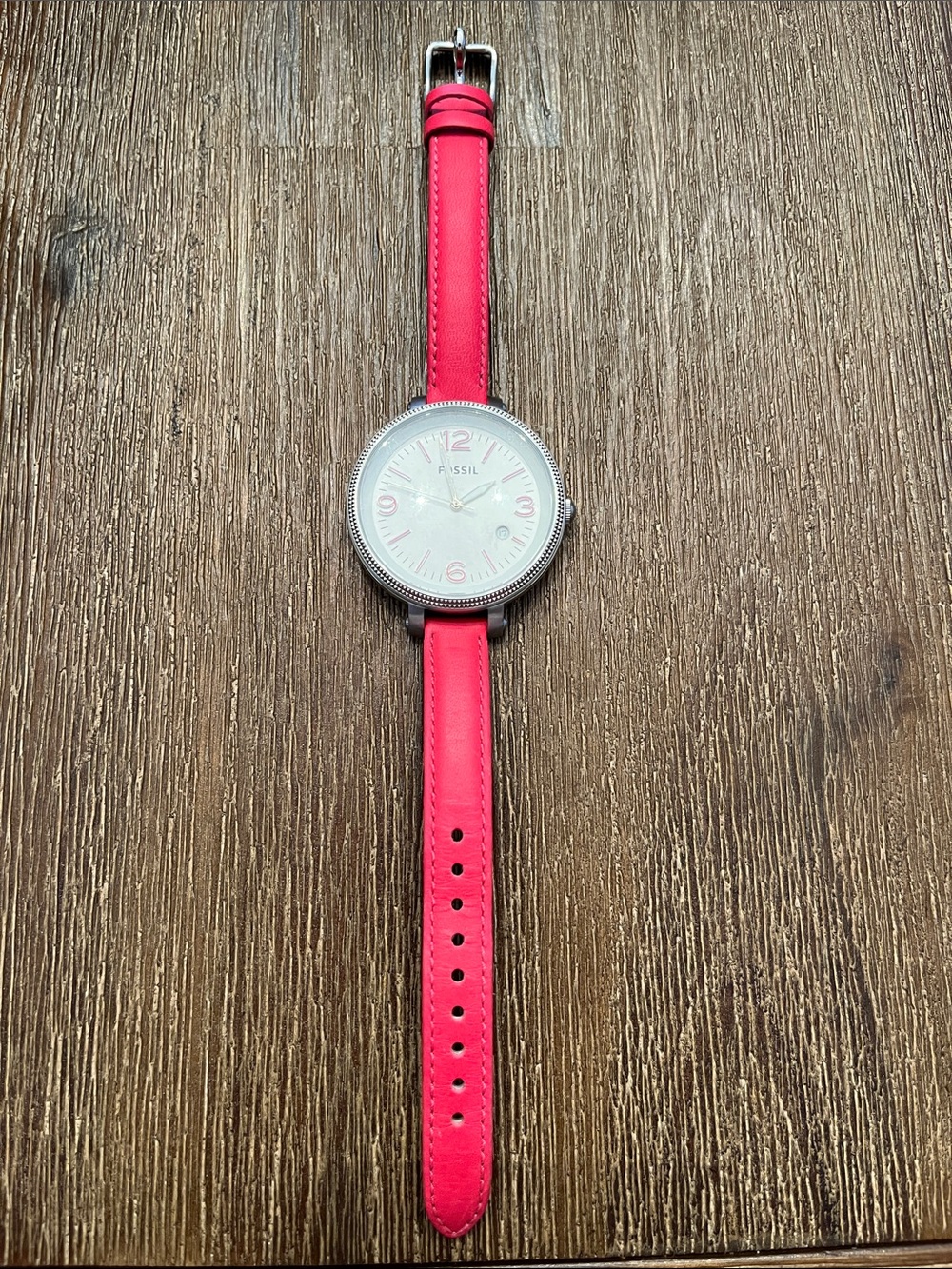 Fossil Women’s Watch Leather Strap Pink Round Face Adjustable Silver Like New - Picture 3 of 9